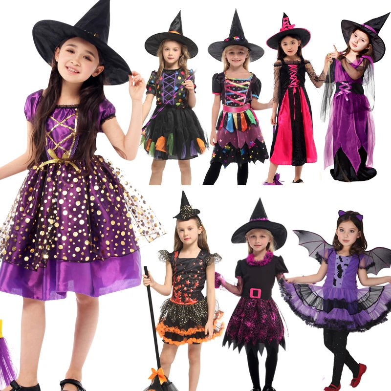 

Girls Cosplay Witch Costume Children Carnival Party Infant Witch Fancy Dress Clothing Set Pumpkin Bag Hat