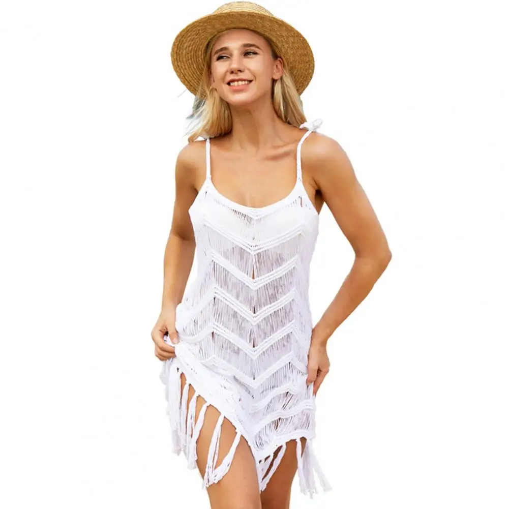 

Summer Beach Dress Tassel Backless Sleeveless Low-cut Hollow Out Sunscreen Beachwear Crochet Bikini Cover Up Slim Mini Dress