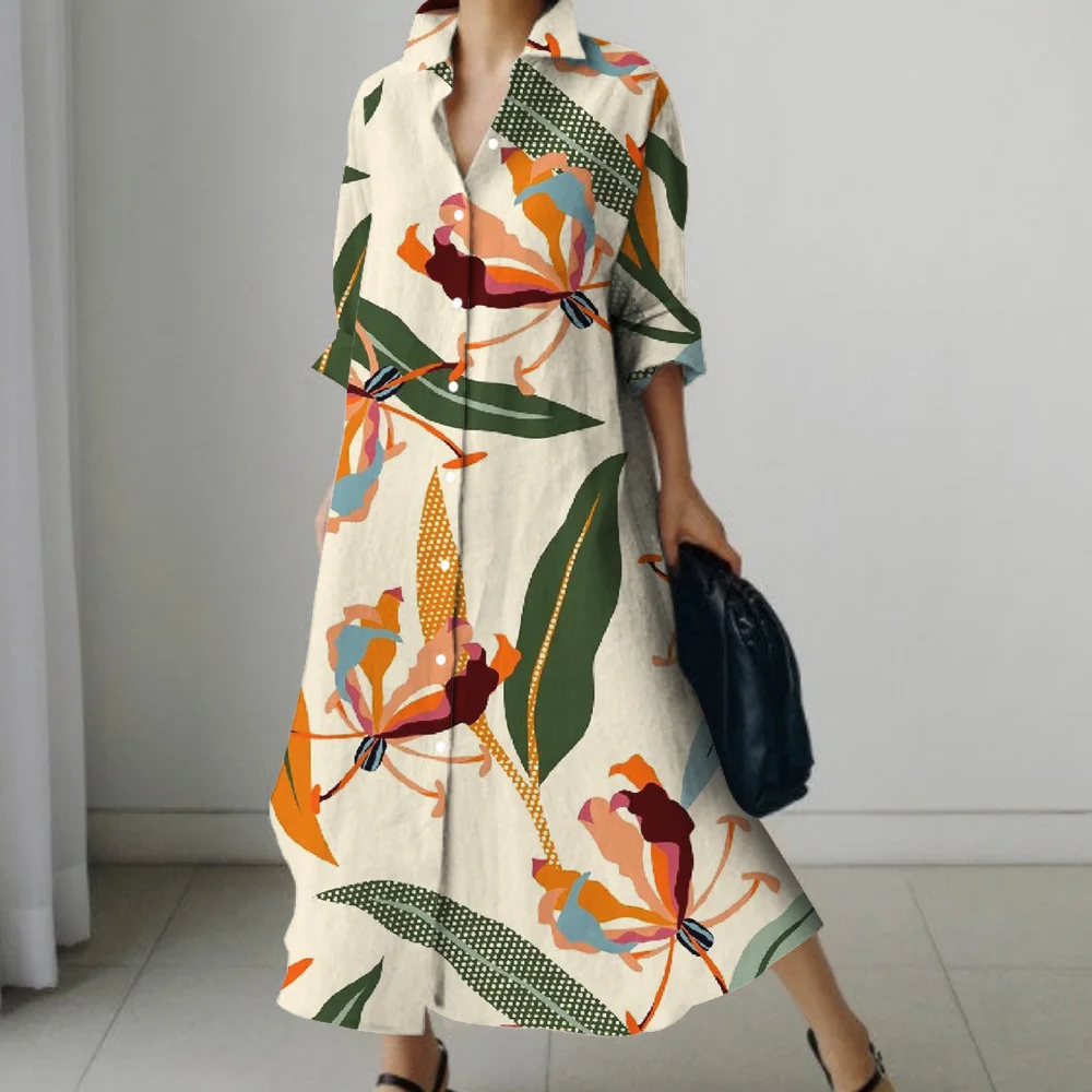 Платье-рубашка с длинным рукавом и принтом листьев