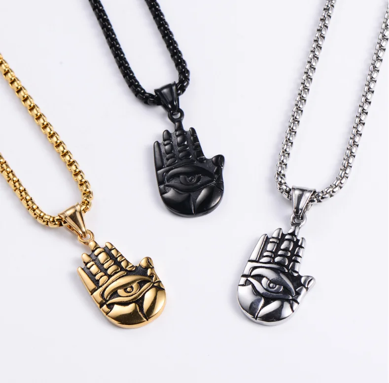 

ANGLANG High Quality Stainless Steel Punk Buddha Palm Eye Fatima Hand Pendant Chain Necklace Men's and Women's Necklace Gift