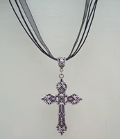 big gothic cross black ribbon and cord necklace