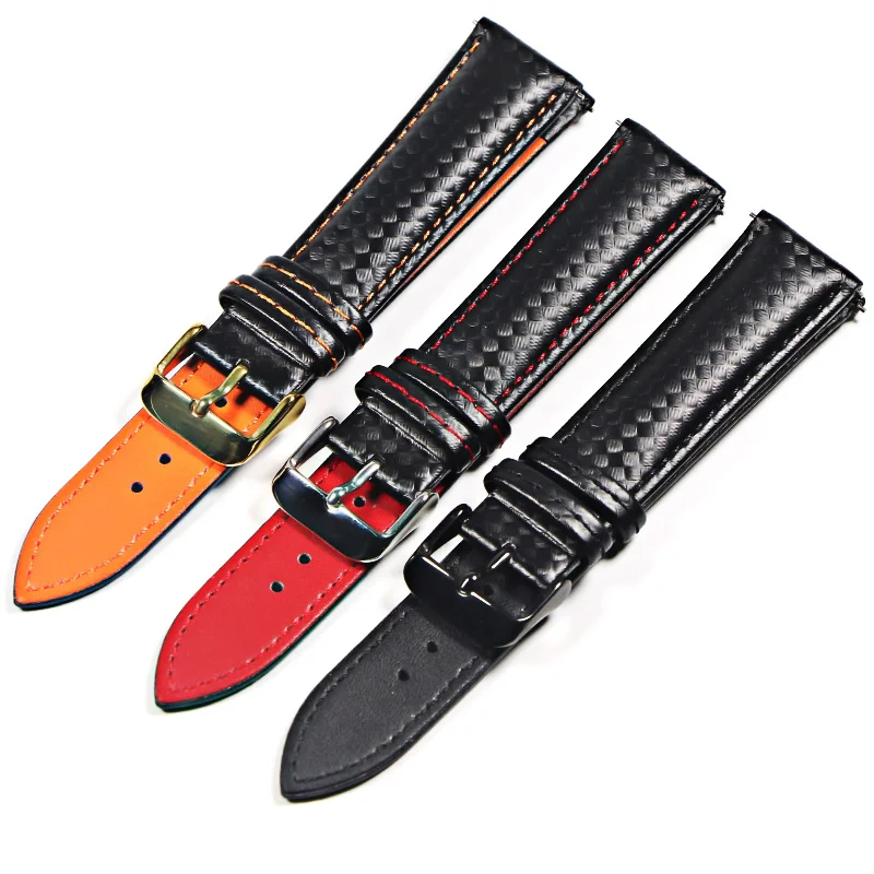 Genuine leather bracelet Carbonfiber grain Watchband 18mm 20mm Red Orange stitching watch band  22mm Quick release watch strap