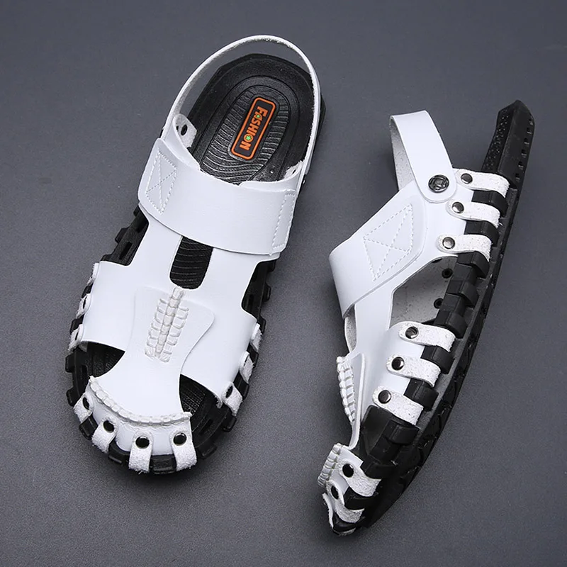 

New Summer Men's Slip-on Sandals Fashion Trend Wrapped Toe Beach Shoes Slippers Men's Sewn Soft Bottom Summer Leather Sandals