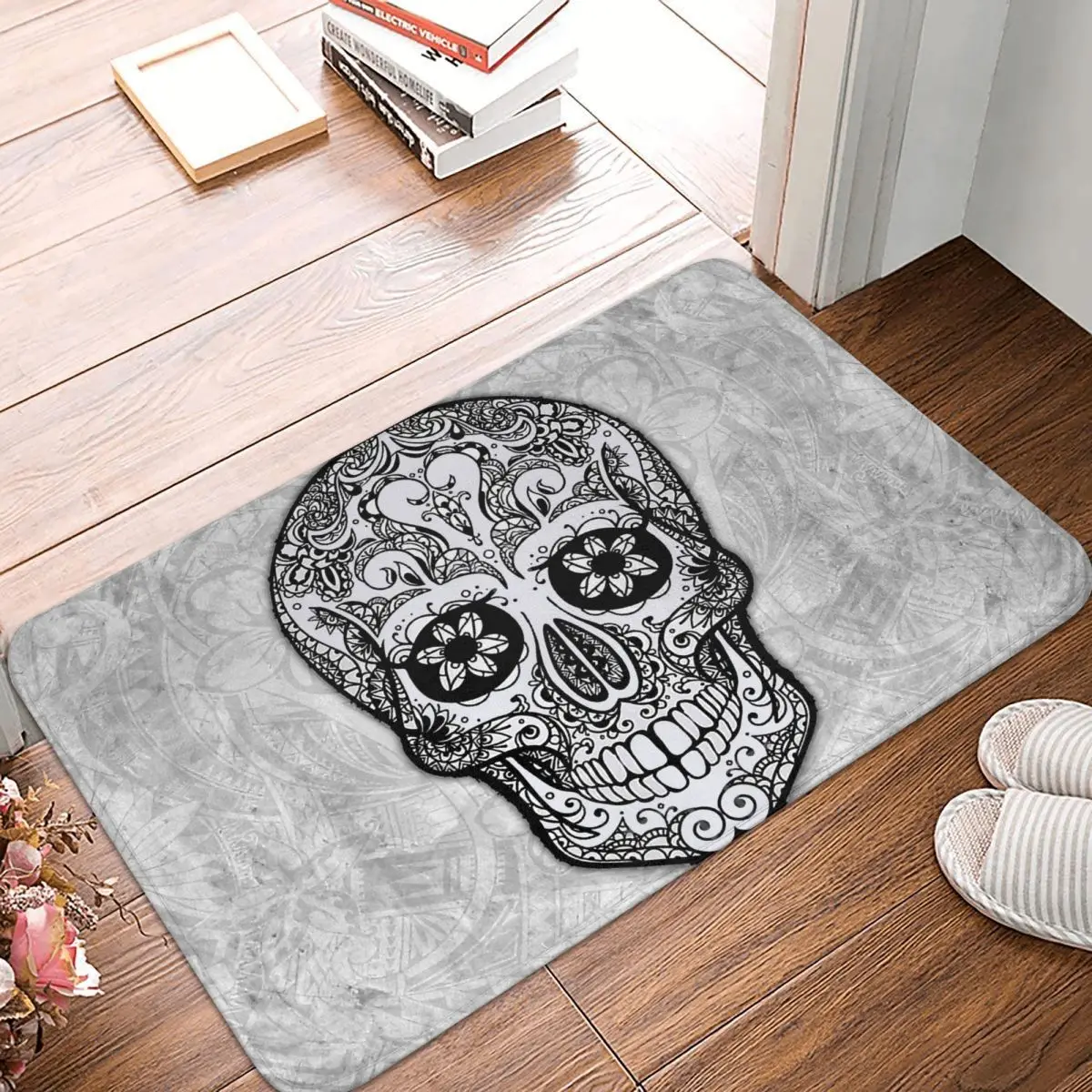 

Sugar Skull Kitchen Non-Slip Carpet Grey Skull Living Room Mat Entrance Door Doormat Home Decor Rug