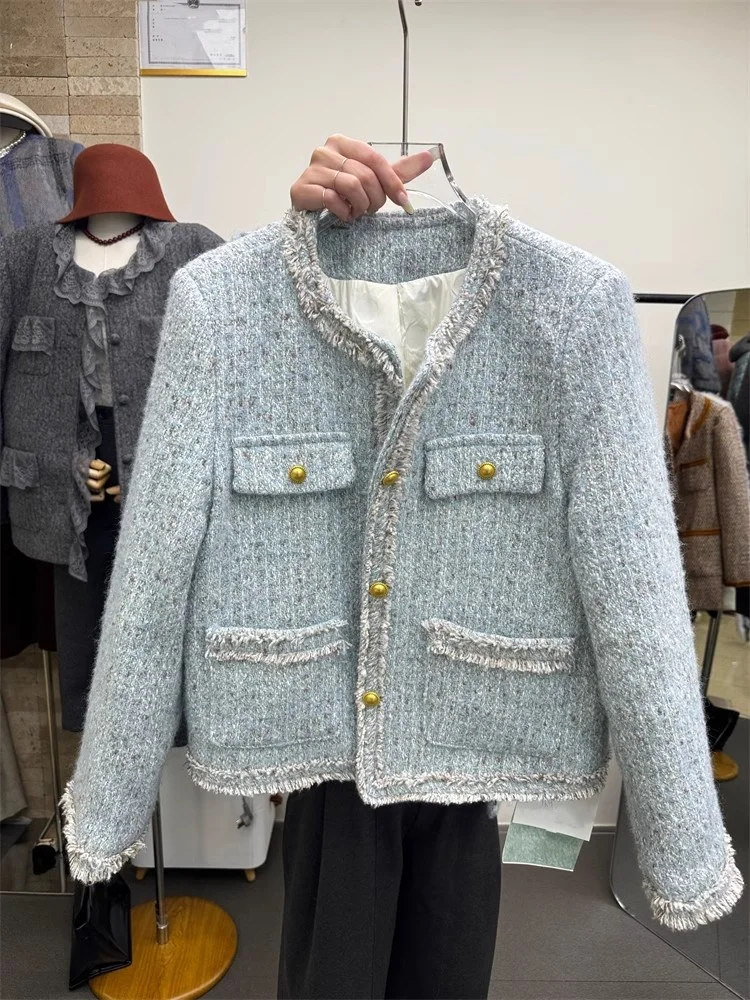 Синий флисовый пуховик изящная женская короткая куртка новинка зимы 2024