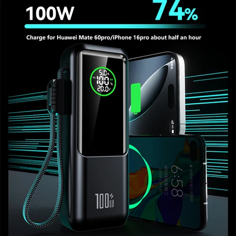 Power Bank 20000 мАч с кабелем PD100W Портативное зарядное устройство для быстрой зарядки Powerbank для ноутбука iPhone Samsung Xiaomi Внешняя батарея
