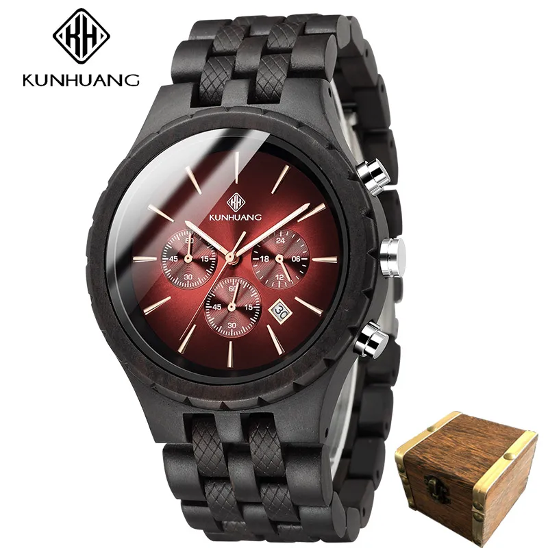 

KUNHUANG Men's Wooden Quartz Watch Multifunction Movement Ebony Case Strap Clock Men's Chronograph Luminous reloj hombre