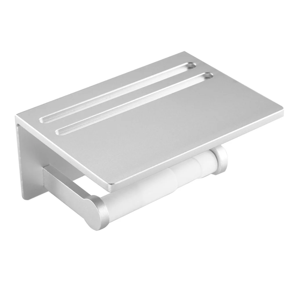 

Space Aluminum Wall Mounted Holder with Mobile Phone Shelf Toilet Tissue Holder with Shelf Silver