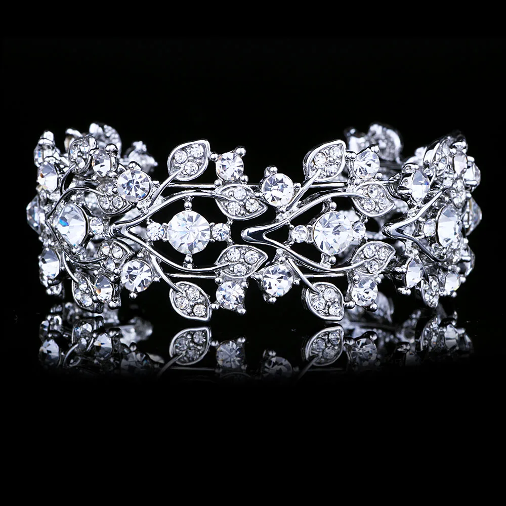 

FARLENA Wedding Jewelry Silver Plated Carved Flower Cuff Bangle With Rhinestones Exquisite Crystal Bracelets & Bangles for Women
