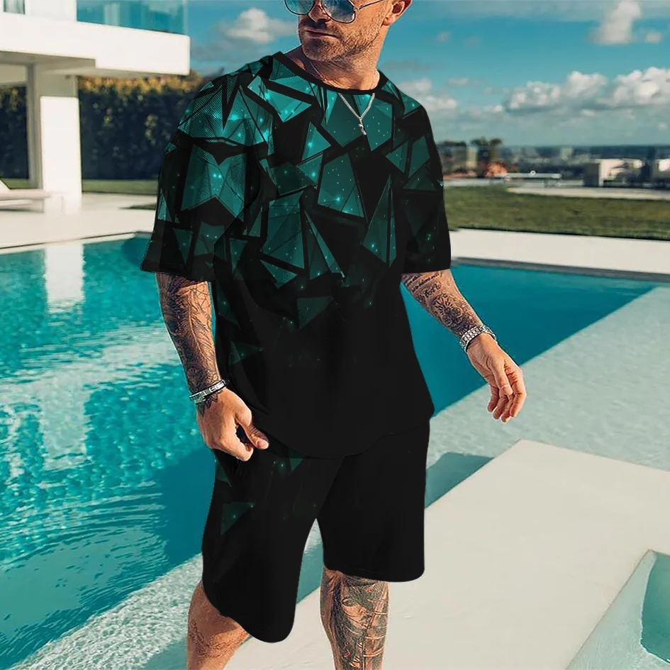 

2023 Summer Men's Casual Beach Shorts Set 3D Printed Blu ray Fragments Round Neck Men's T-Shirt Short Sleeve Two Piece Set