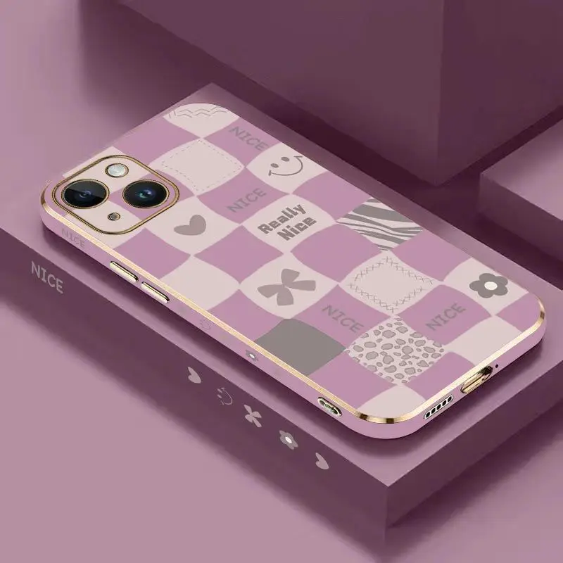 Checkered Smiley Face Luxury Plating Phone Case For iPhone 14 13 12 11 Plus Pro Max Mini X XR XS SE2020 8 7 6 6S Plus Cover
