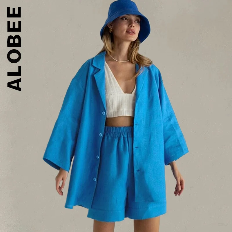 

Alobee New Women Set Chic Short Pants Loose Retro 100% Cotton 2 Piece Sets Party Casual Sets Elegant Female Sweatsuits Women