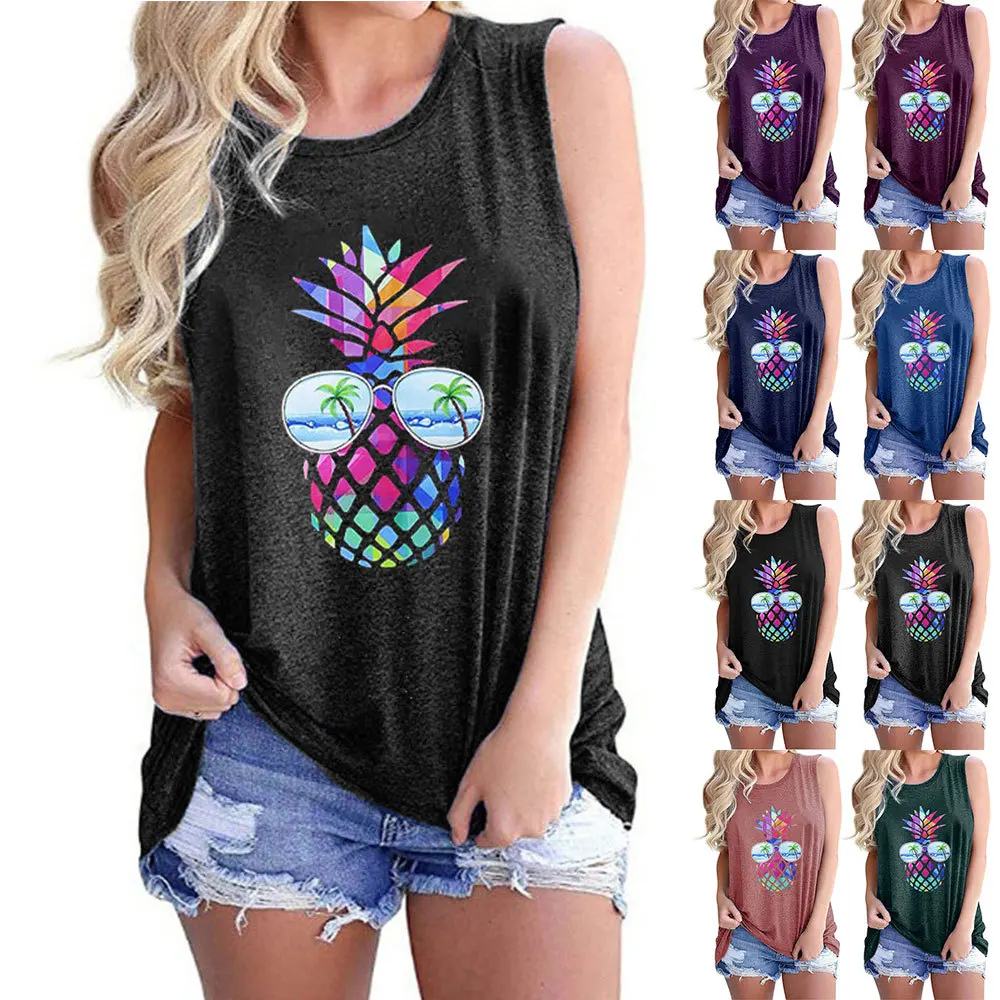 

Summer Women's Vest Colorful Pineapple Print Round Neck Sleeveless T-shirt Fashion Casual Commuter All-match Top Lady