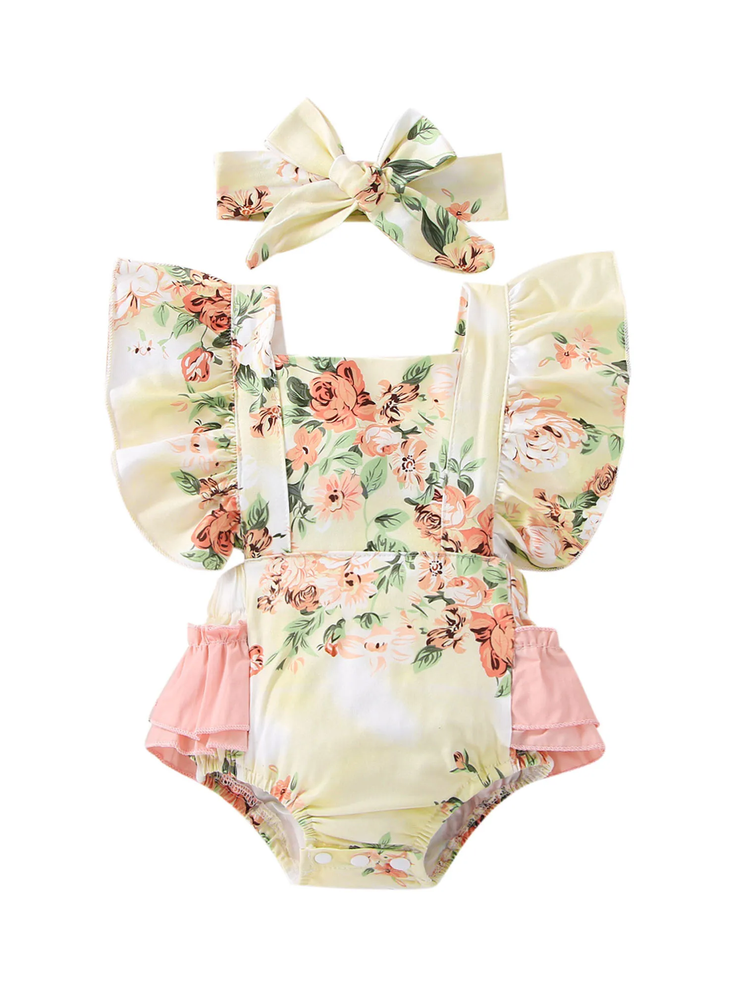 

Newborn Baby Girls Romper Dress Printed Ruffled Fly Sleeve Square Neck Jumpsuit s Bodysuit Bow Headband