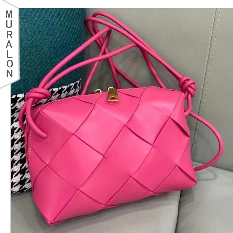 New Ladies High Quality Woven Plaid Bag Fashion Shoulder Crossbody Bags Real Leather Small Square Bag Women Phone Lipstick Bag