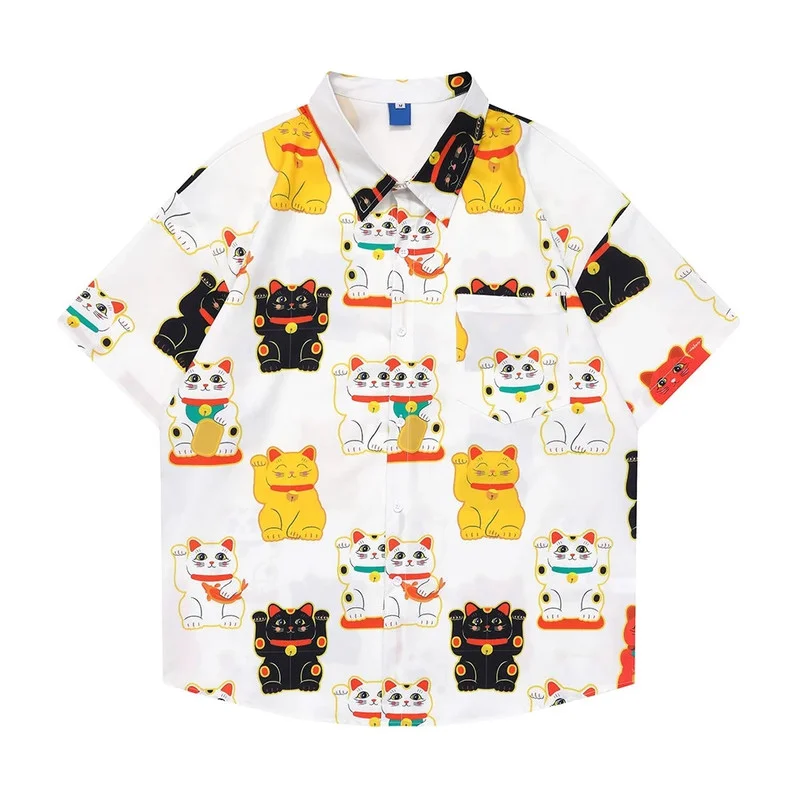 

2022 Summer Hawaiian Shirts Anime Lucky Cat Full Print Harajuku Beach Streetwear Casual Thin Material Men's Shirt Male Tops
