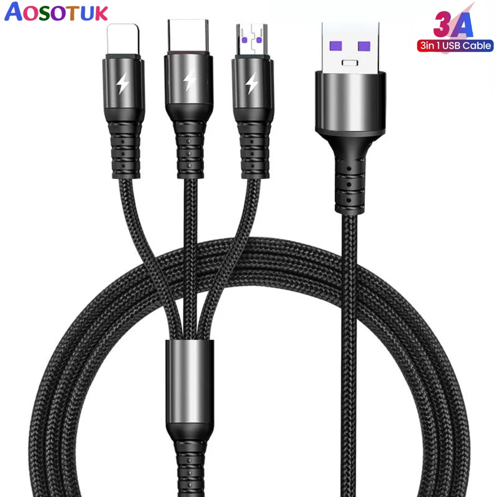 

3A 3 in 1 USB Charger Cable For iPhone 12 11 Pro Max X XR Samsung S20 Xiaomi Mi 9 Huawei USB Type C Micro USB Charging Cable