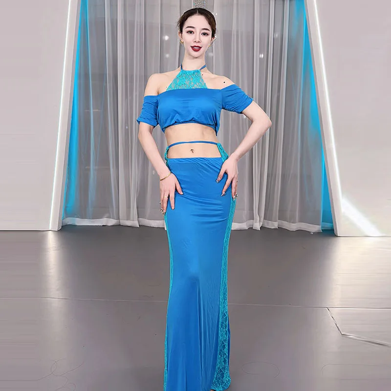 

Belly Dance 2023 Summer Sexy Hanging Neck Top+Side Lace Long Dress Set Fairy Training Suit Blue Oriental Belly Dance Suit