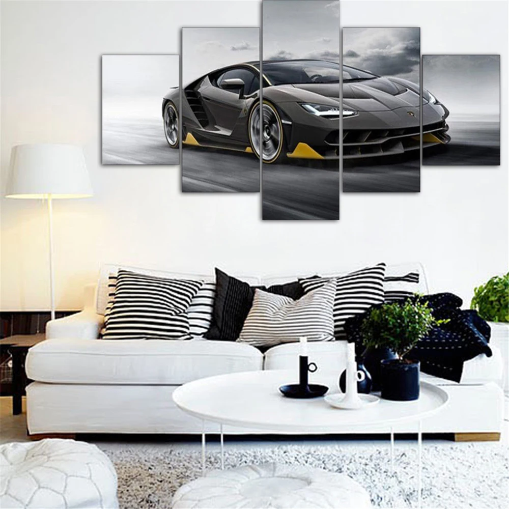 

5 Pieces Canvas Wall Arts Supercar Black Sports Poster Painting Modular Home Decor Living Room Picture Print Bedroom Framework