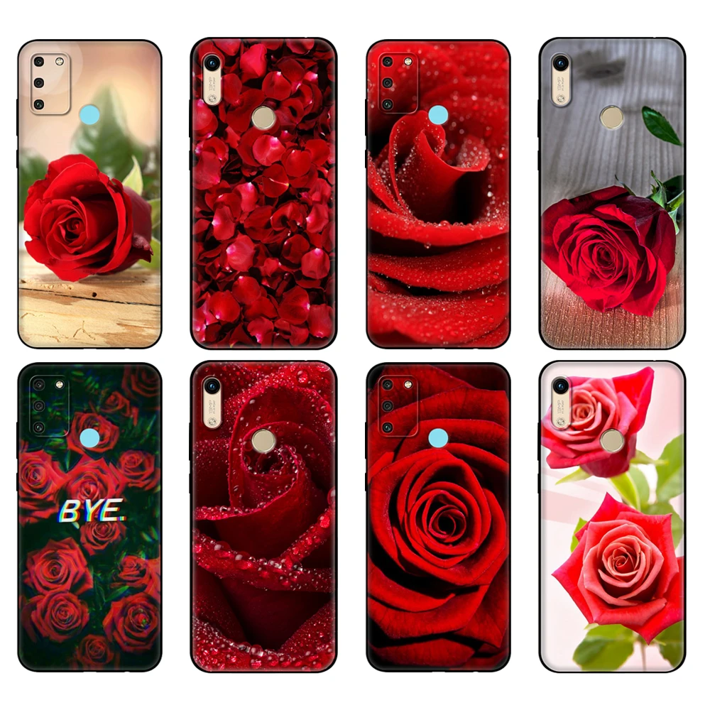 

Черный чехол из ТПУ для Honor 8a Prime 8s 9 10X Lite 9A 9C 9X Premium Pro 9S, чехол с красными розами и цветами