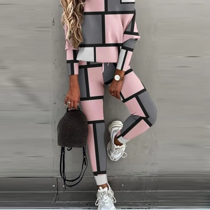 

Женский повседневный комплект из 2 предметов, свободная футболка с открытыми плечами и клетчатый принт, Модный комплект из свитшота, Осень-зима