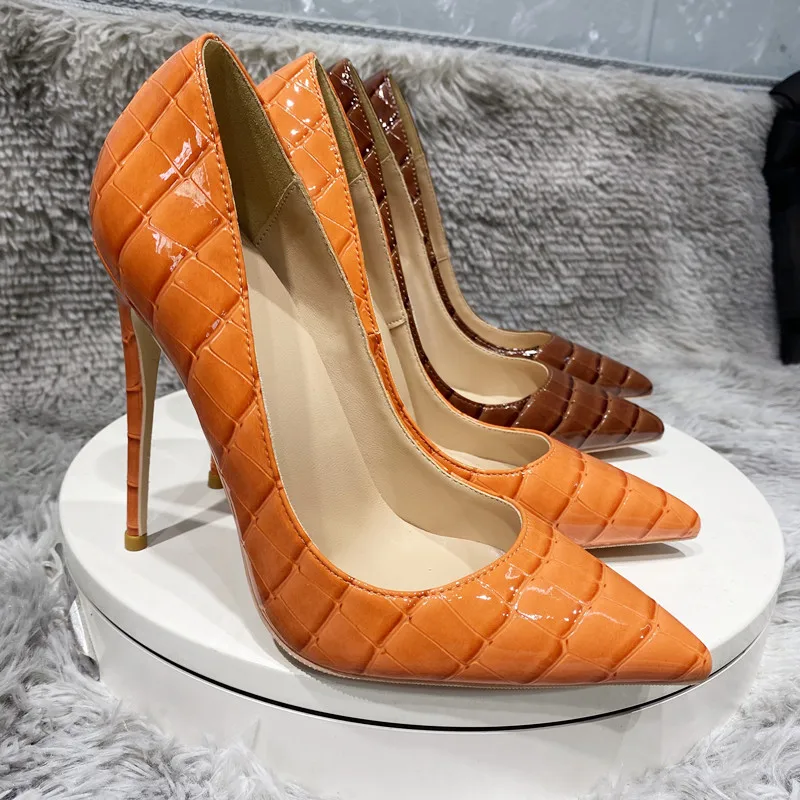 

NoEnName_Null-Women's snake high heels, sexy pointed high heels, designer, large, 12cm, orange Stone high heels