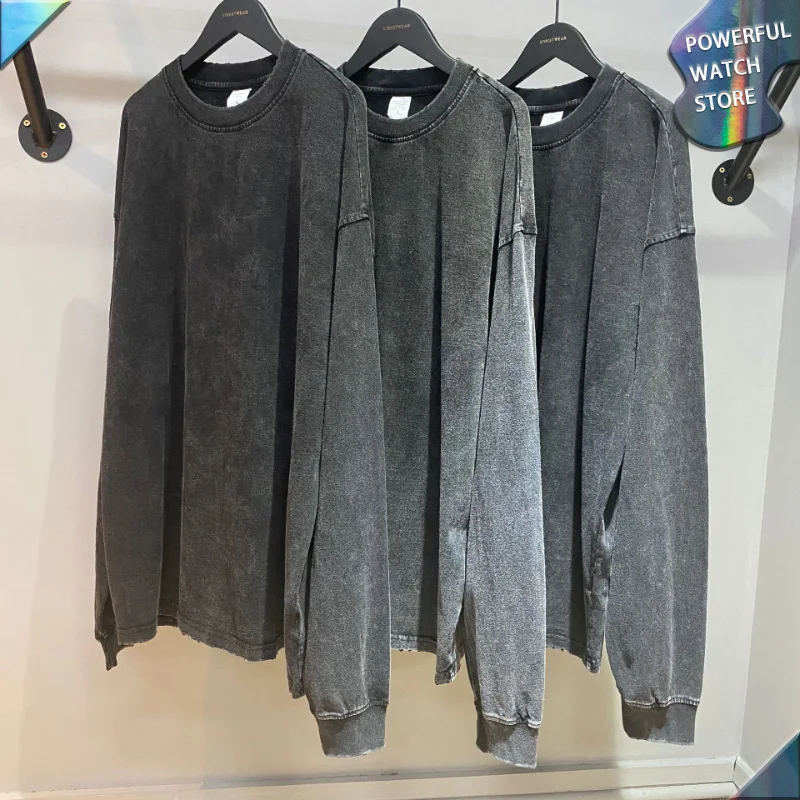 

Мужские осенние футболки в стиле Харадзюку С Длинным Рукавом и окантовкой в стиле ретро Базовая стильная уличная мода парные женские пулов...