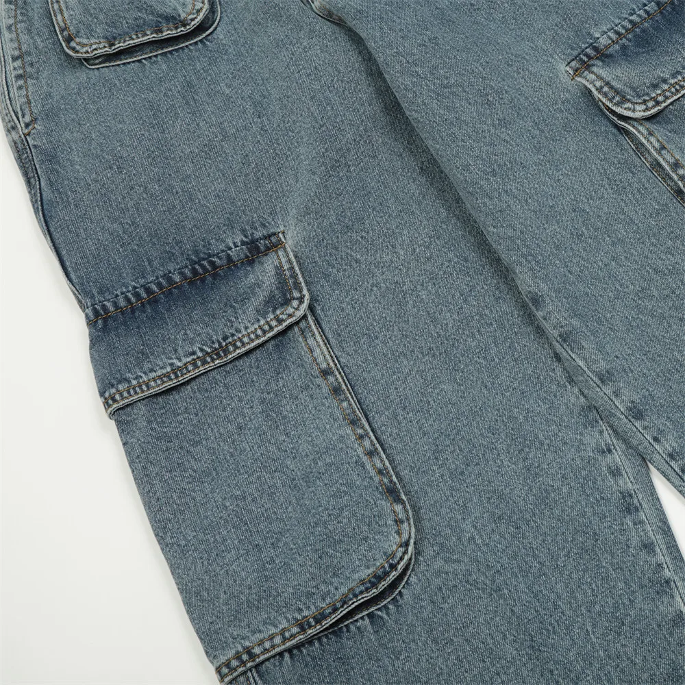 2022 Elastic Waist Harajuku Baggy Jeans Big Pocket Trousers Male Denim Cargo Pant Wide Leg Men's Pants Loose Casual Streetwear