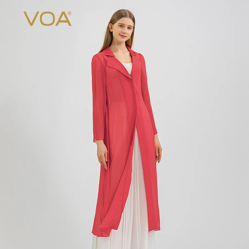 

VOA Red Georgette Silk Tuck Flat Lapel Single-breasted with Belt Loose Long Silk Windbreaker Women Fashion Trench Coat FE257