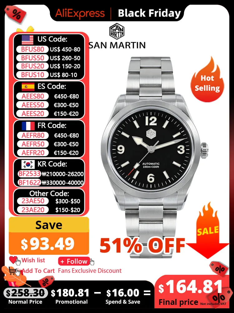 Мужские спортивные часы San Martin, 38 мм