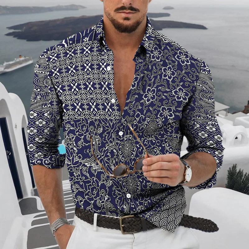 Men's 2022 Retro European American Business Clothing Casual Fashion Printed Shirt Single-Breasted Cardigan Long Sleeve Shirt