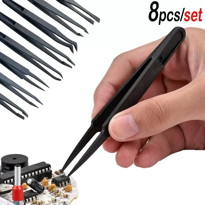 

8pcs Anti-static Carbon Fiber Tweezers Plastic Soft Elastic Pincet Set Industrial Precision Electronic Repair Hand Tools Parts