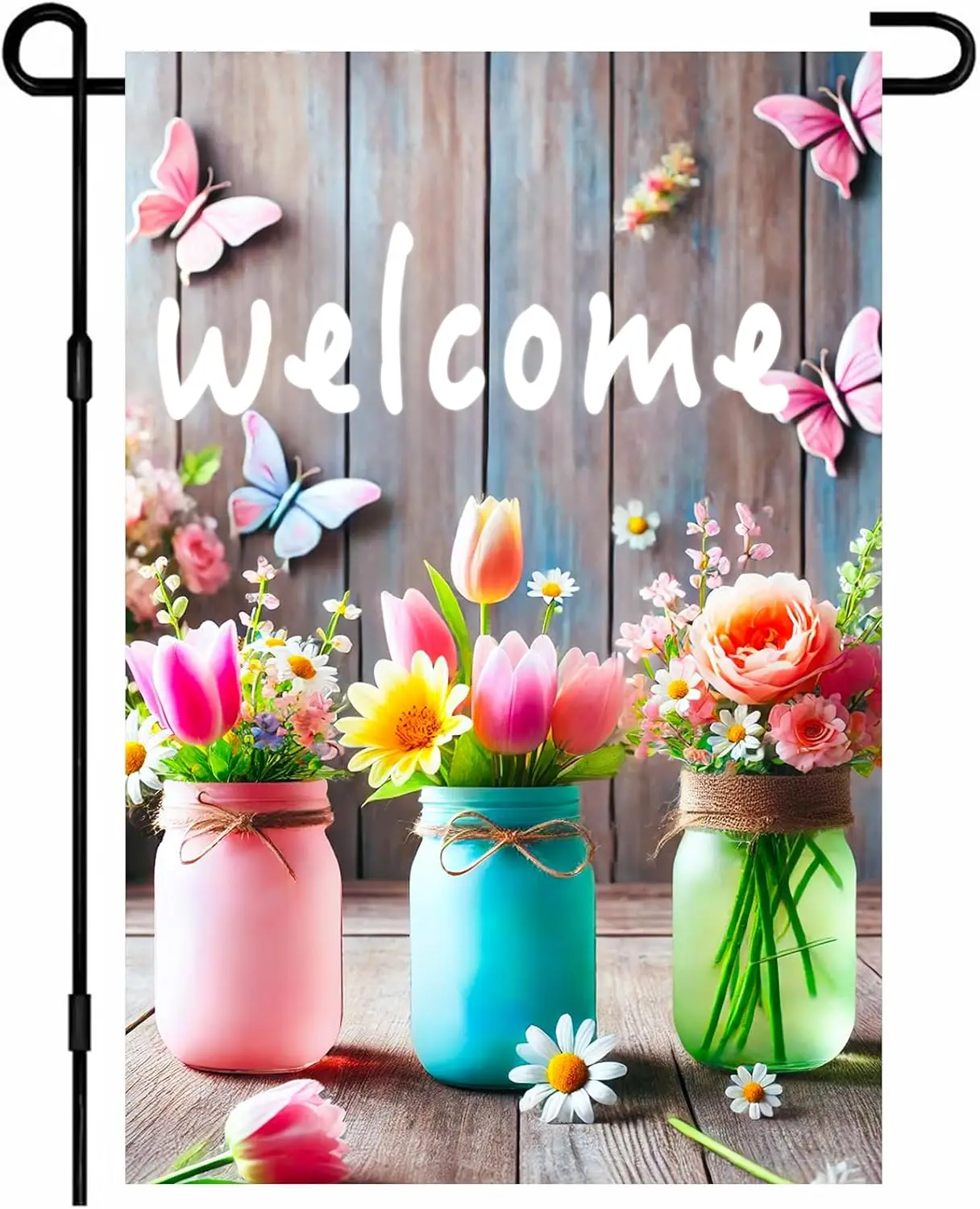 Фото Флаг IVN Spring Garden 12x18 дюймов, двусторонний, для улицы, сезонный, с цветочными горшками и бабочками, для WZZ №1