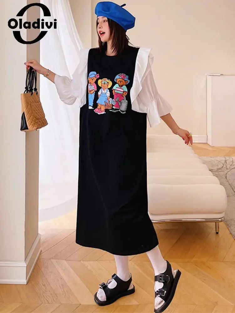 

Oladivi L-3XL Fashion Print Ruffle Sleeve Patchwork Cotton Straight Dress Women Korean Style Casual Loose Oversized Dresses 7220