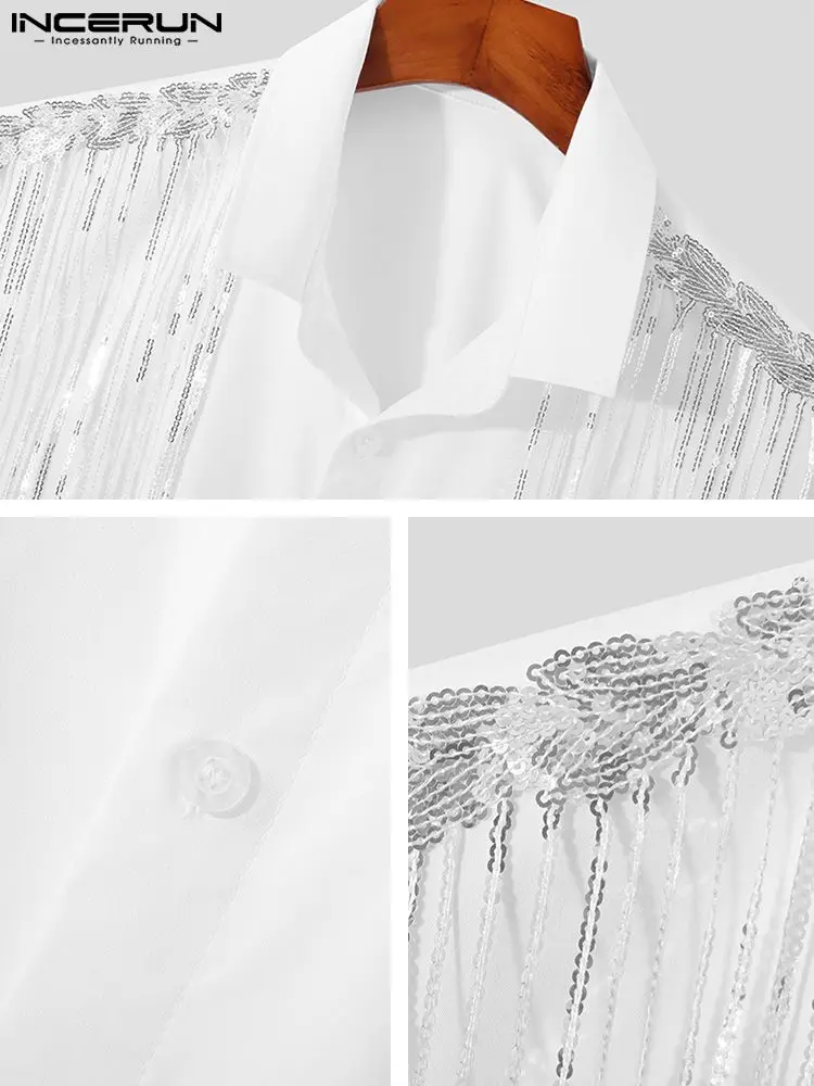 Casual Party Style Tops INCERUN Sexy New Men Shiny Tassel Shirts Fashion All-match Solid Short-sleeved Lapel Button Blouse S-5XL