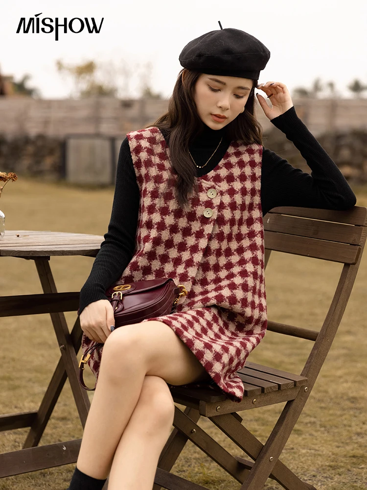 

MISHOW Plaid Vest Dress 2022 Winter Vintage Womens Dresses Aline Vneck Sleeveless Woolen Vestidos Chic Female Clothes MXB47L1332