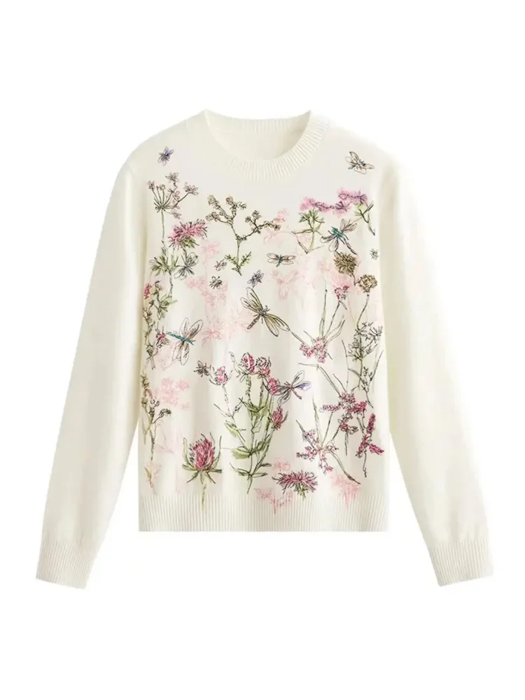 Женский винтажный трикотажный свитер с длинным рукавом и круглым вырезом