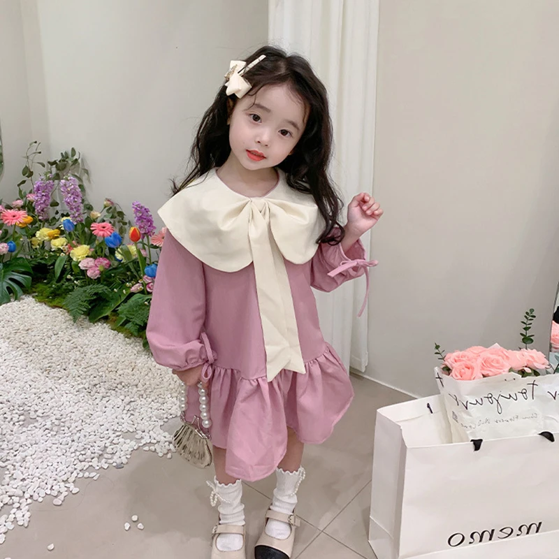 

Girls Cute Pink Dress Spring Autumn Kids Large Butterfly-knot Neck Princess Casual Dresses 3-7Y Vestidos Children Korean Clothes