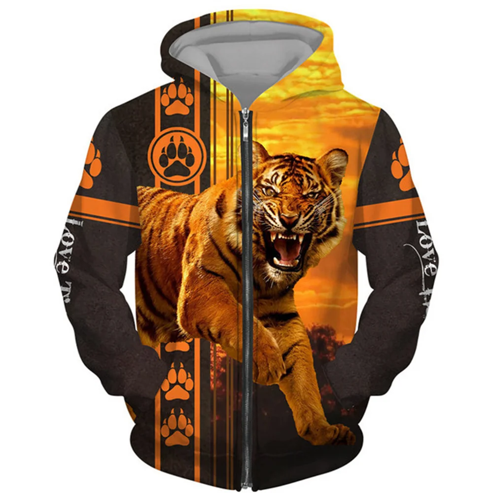 

3D Tiger Print Zipper Hoodies Fashion Men Women Leisure Pullover Couple Sports Hooded Sweatshirt Street Hip Hop Harajuku Jackets