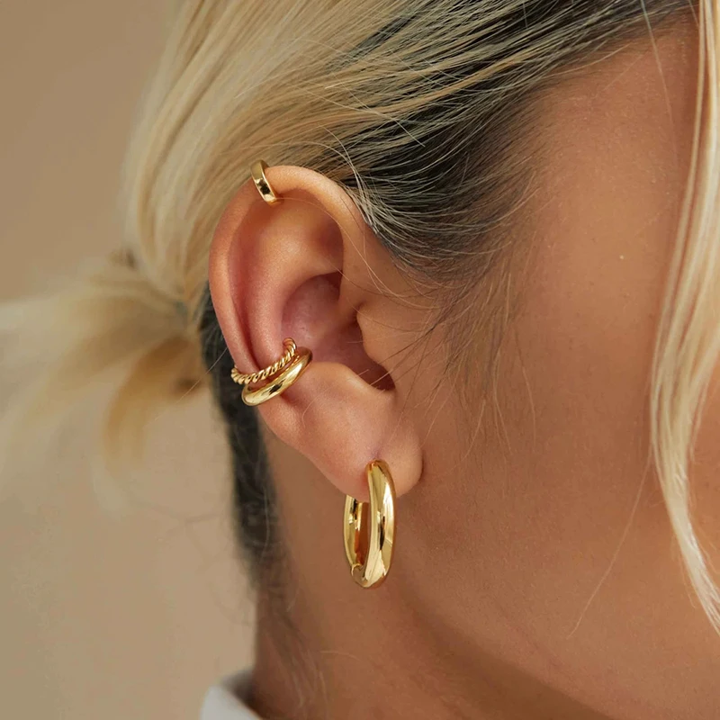 

Punk Rock Gold Color Clip Earrings No Piercing Trendy Link Chain Earcuffs Statement Cartilage Earrings for Women Party Jewelry