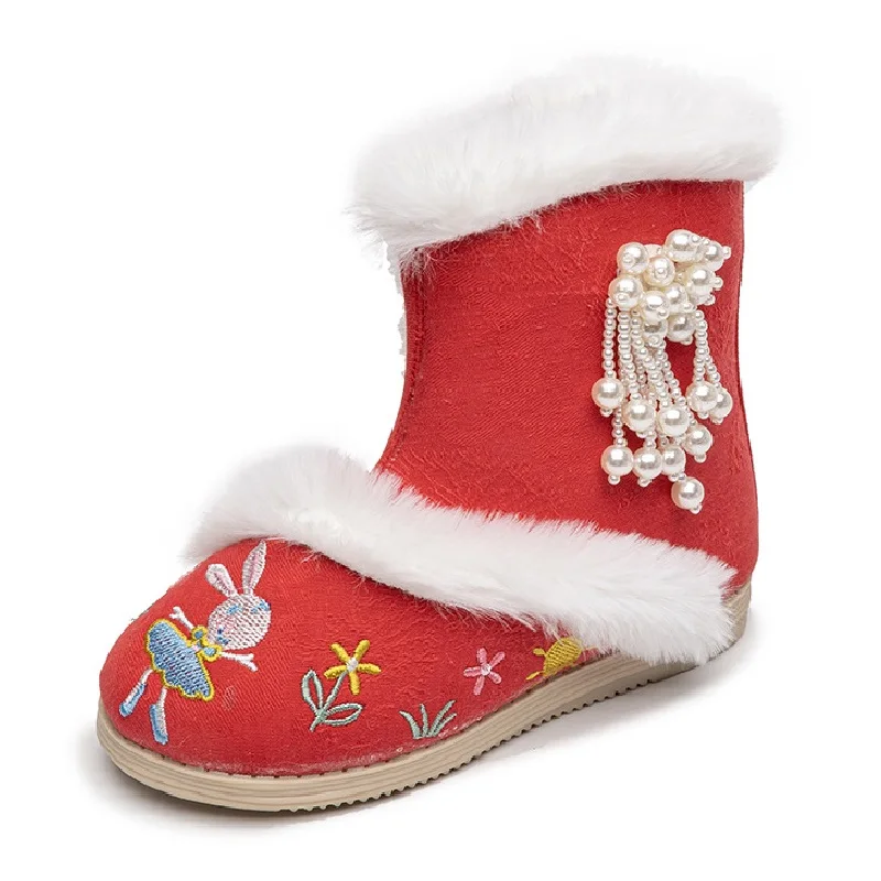 

Kruleepo 2023 Autumn Winter Fashion Boots Shoes Children Girls Baby Kids Casual Chinese Style Stitchwork Embroider Booties