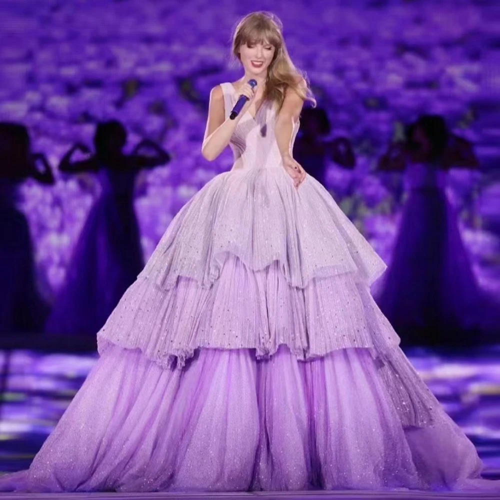 

Elegant V-neck Layered Purple Tulle Ball Gown Sequins Sparkly Luxury Woman Clothes Ever Pretty Shiny Evening Dresses Custom Made