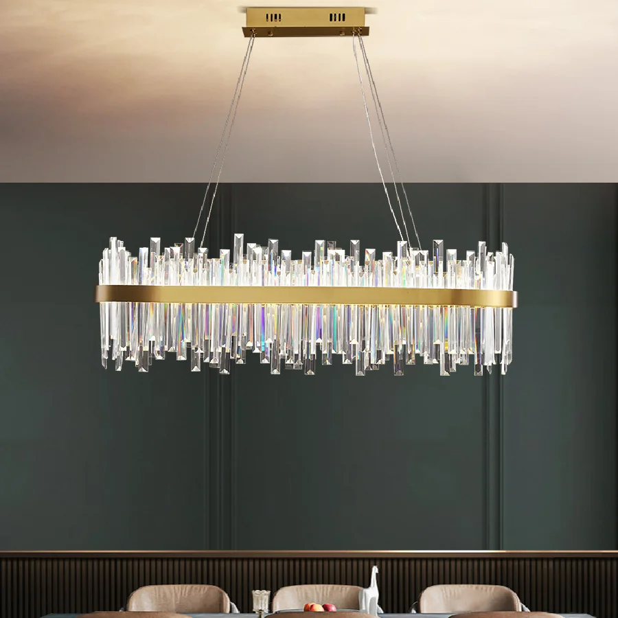 

Modern Luxury Gold Steel Oval Led Pendant Light Lustre Crystal Dimmable Pendant Lamp Dining Room Adjustable Hanging Lamp Fixture