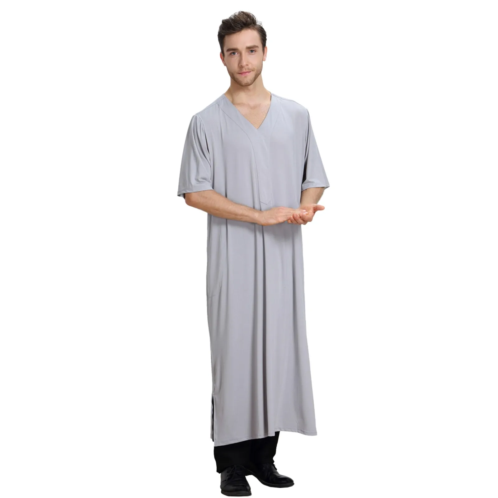 Men's Casual Muslim Arab Middle Solid Color Seven Point V Neck Robe social dress shirts Pullovers