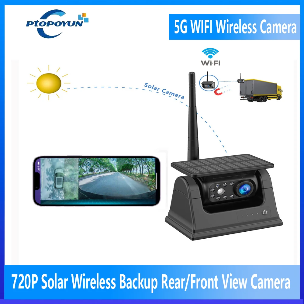 

Беспроводная резервная камера заднего вида Ptopoyun на солнечной батарее с магнитным основанием для Android Iphone и встроенным аккумулятором для автомобиля на колесах