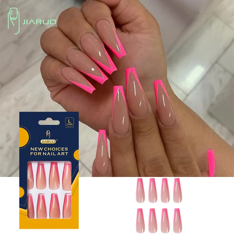 

JIARUO 24PCS/BOX Long Ballet Coffin Press on Nails False Nail Art Y2k Meat Powder Peach Nail Piece Product Waterproof Durable
