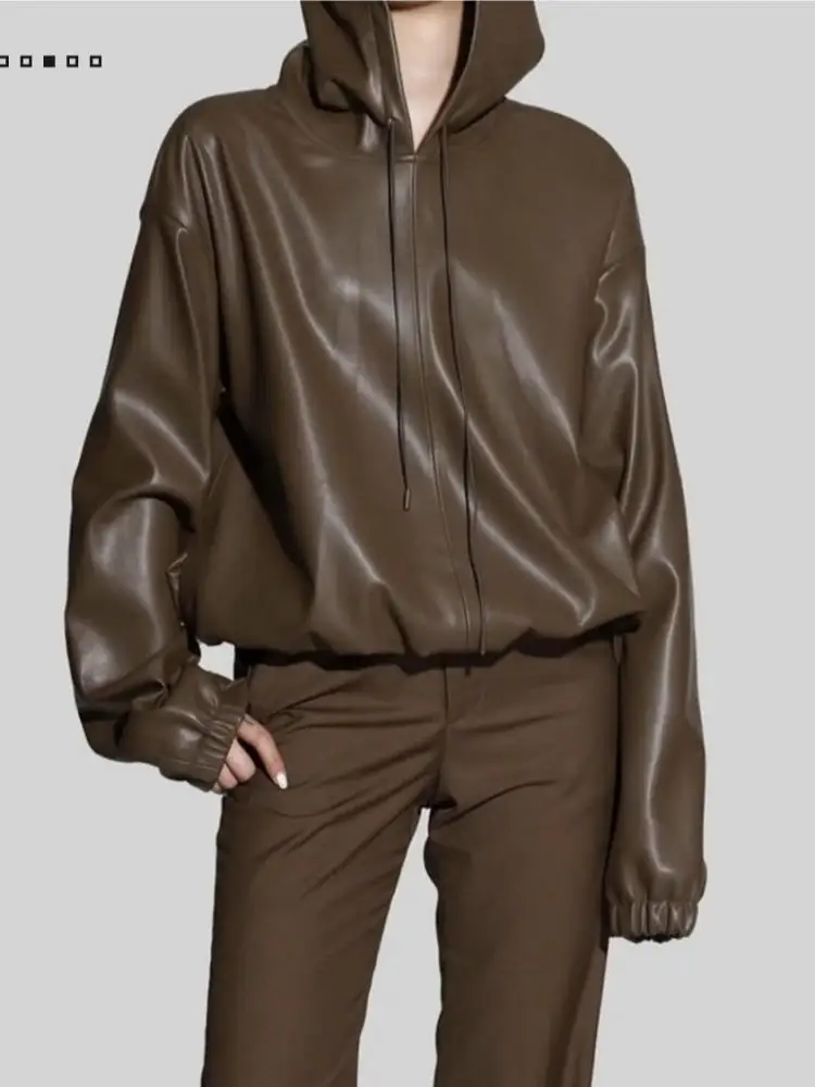 

Женский пуловер из ПУ кожи, с капюшоном и длинным рукавом