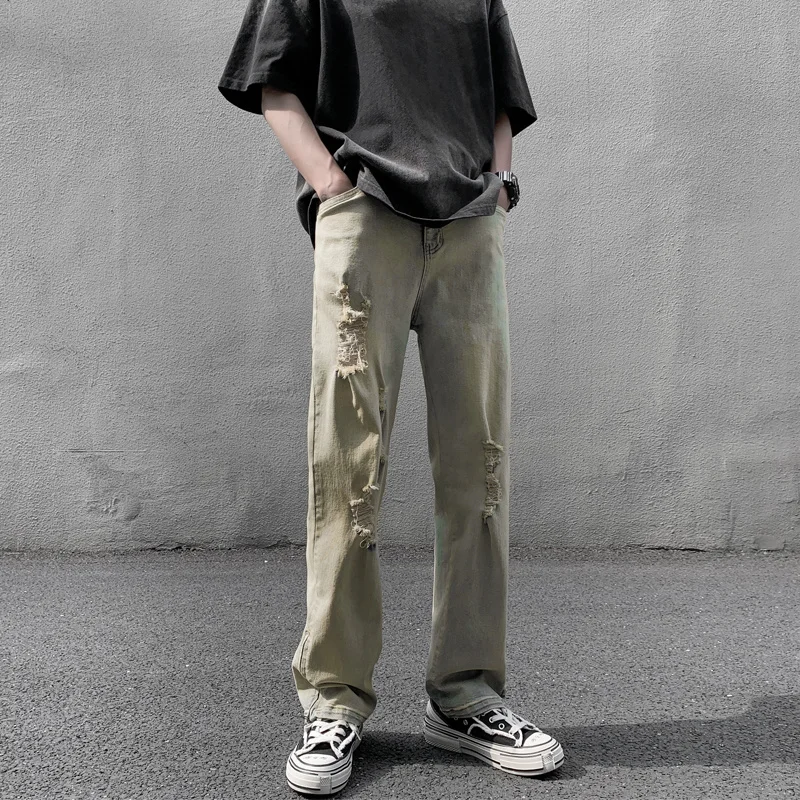 Blue/Black Hripped Jeans Men Slim Fashion Casual Straight Jeans Men Streetwear Loose Hip Hop Hole Denim Pants mens Trousers