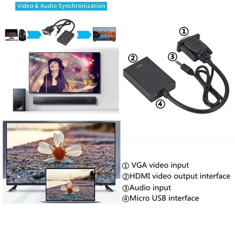 Адаптер преобразователя VGA в HDMI 1080P Кабель-переходник VGA «папа» на HDMI «мама» с аудиовыходом 3,5 мм для ПК, ноутбука, HDTV-проектора