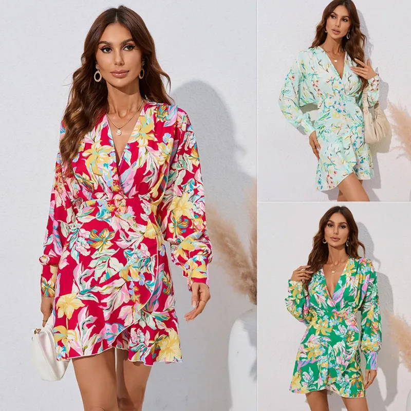 

Spring Autumn Women Bohemian Floral Casual Loose Dress Long Sleeve Mini Dress Flare Sleeve V-neck Print Dress